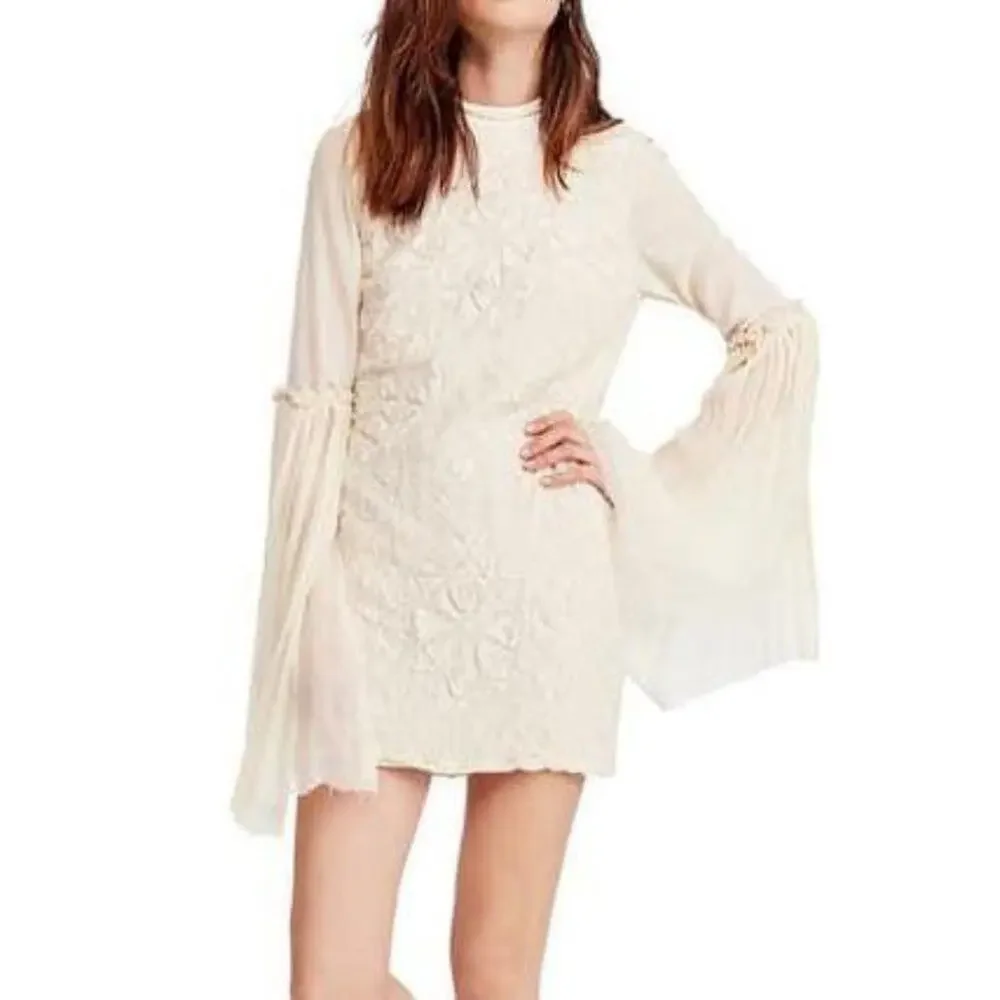 Free People Mini Boho Dress Women Size 0 Cream Embroidered Witch Fairy Concert